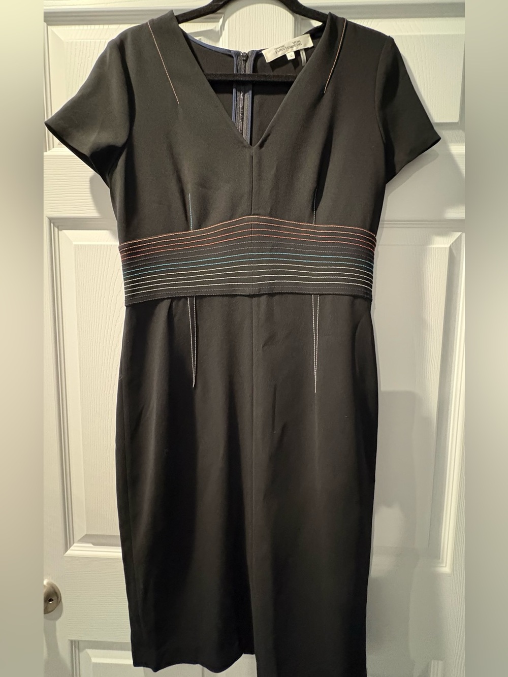 Diane Von Furstenberg Black V-Neck Fit & Flare Dress with Multicolor Waistband